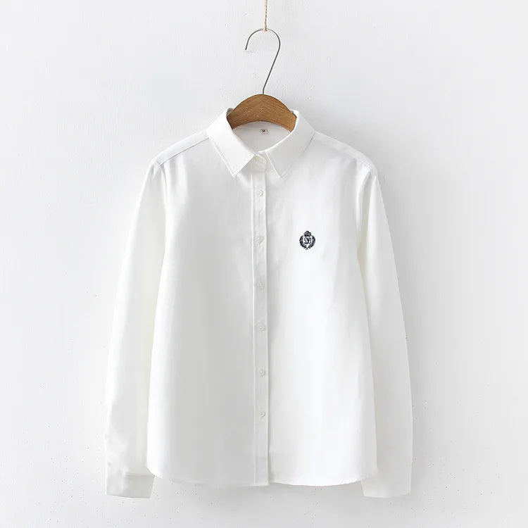 Blusas mulher 2021 moda primavera novas mulheres juventude simples cor sólida bordado camisa de manga longa algodão casual senhora blusa topos