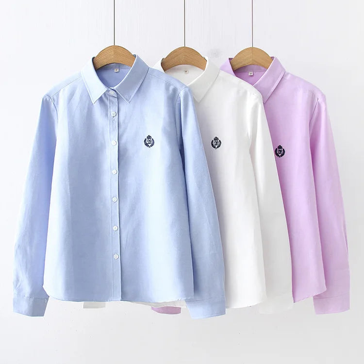 Blusas mulher 2021 moda primavera novas mulheres juventude simples cor sólida bordado camisa de manga longa algodão casual senhora blusa topos