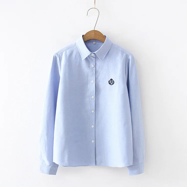 Blusas mulher 2021 moda primavera novas mulheres juventude simples cor sólida bordado camisa de manga longa algodão casual senhora blusa topos