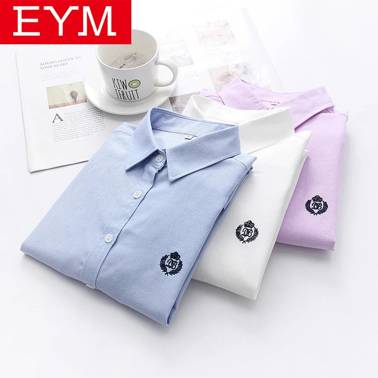 Blusas mulher 2021 moda primavera novas mulheres juventude simples cor sólida bordado camisa de manga longa algodão casual senhora blusa topos