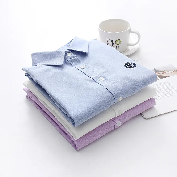Blusas mulher 2021 moda primavera novas mulheres juventude simples cor sólida bordado camisa de manga longa algodão casual senhora blusa topos