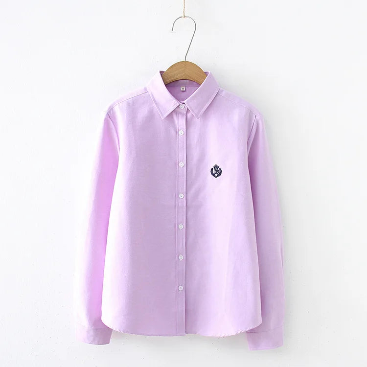 Blusas mulher 2021 moda primavera novas mulheres juventude simples cor sólida bordado camisa de manga longa algodão casual senhora blusa topos