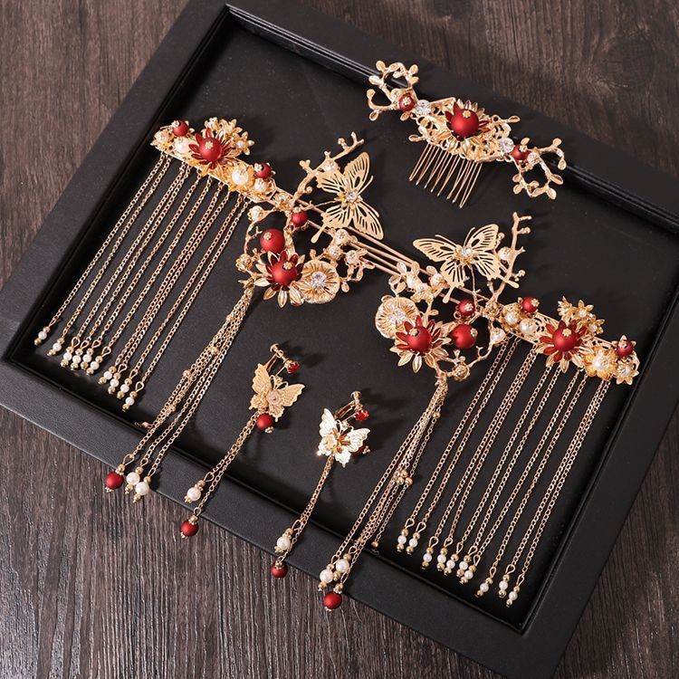 Chinese style hanfu bridal hair accessories suit tassel dragon and phoenix gown ancient style hair accessories wedding Red ancient costume Xiuhe headdress