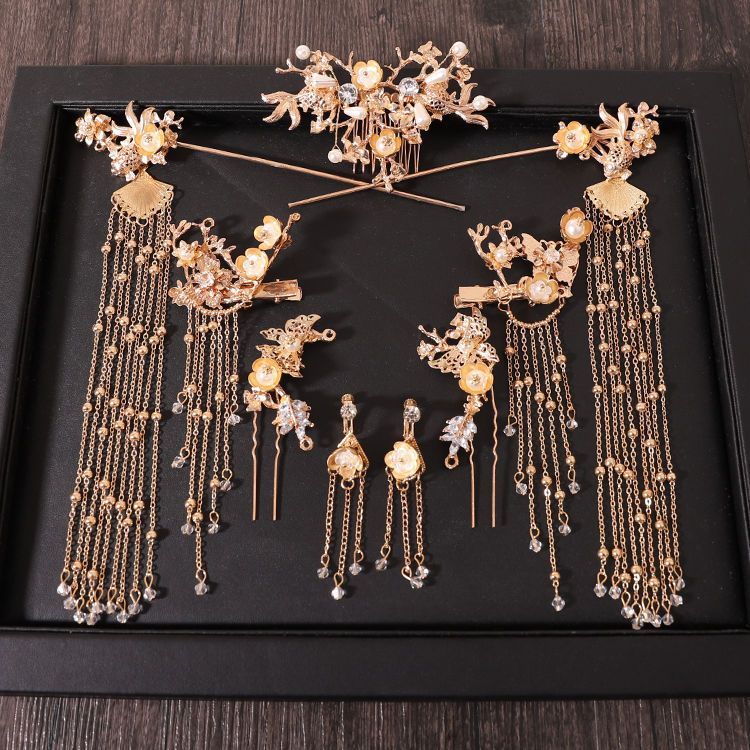 Chinese style hanfu bridal hair accessories suit tassel dragon and phoenix gown ancient style hair accessories wedding Red ancient costume Xiuhe headdress