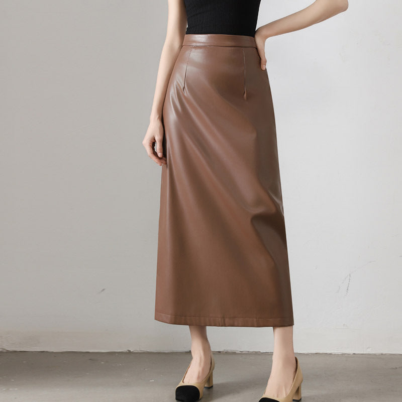 Elegant High-Waisted Leather Skirt, Women's Hip-Hugging Skirt, Spring and Autumn 2025 New Style, Slimming Straight A-Line Mid-Length Skirt