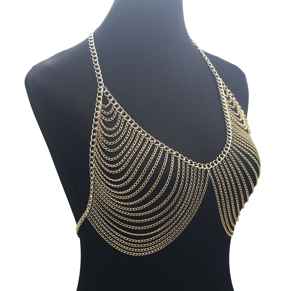 New Design Women Fashion Multilayer Metal Aluminum Chain Chest Chain Summer Bikini Clothing Accessories Chest Chain Body Chain