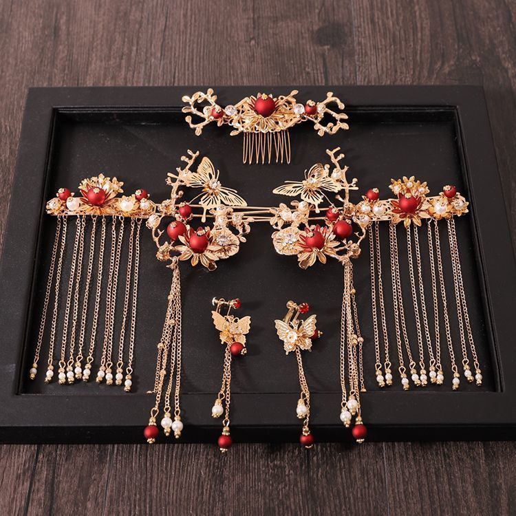 Chinese style hanfu bridal hair accessories suit tassel dragon and phoenix gown ancient style hair accessories wedding Red ancient costume Xiuhe headdress
