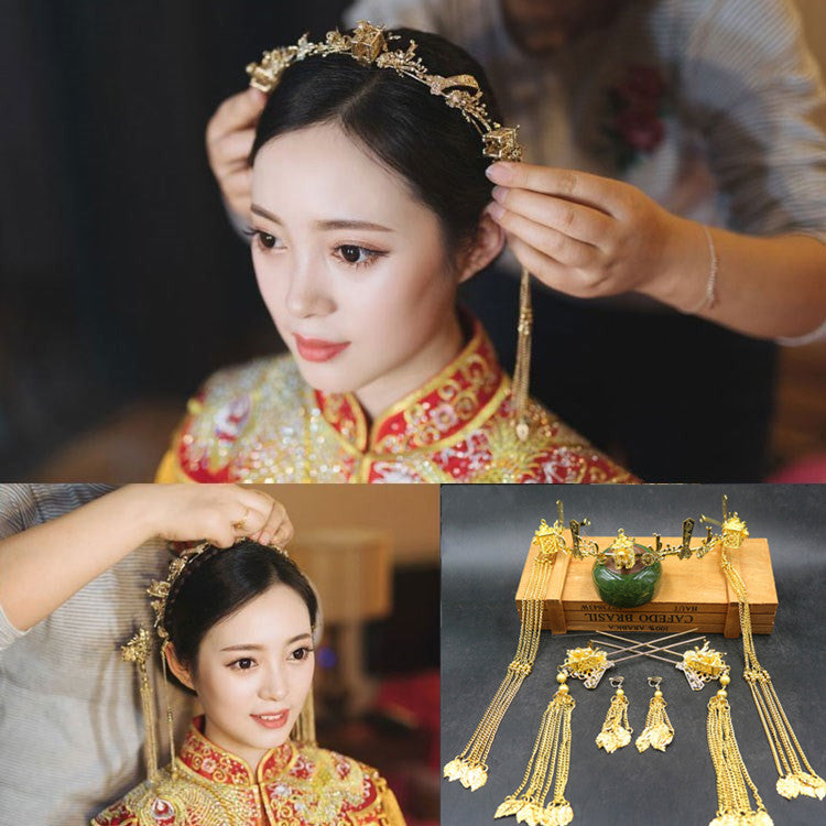 Chinese style hanfu bridal hair accessories suit tassel dragon and phoenix gown ancient style hair accessories wedding Red ancient costume Xiuhe headdress