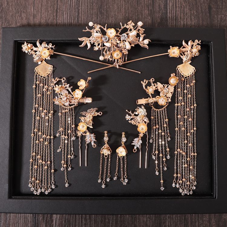 Chinese style hanfu bridal hair accessories suit tassel dragon and phoenix gown ancient style hair accessories wedding Red ancient costume Xiuhe headdress