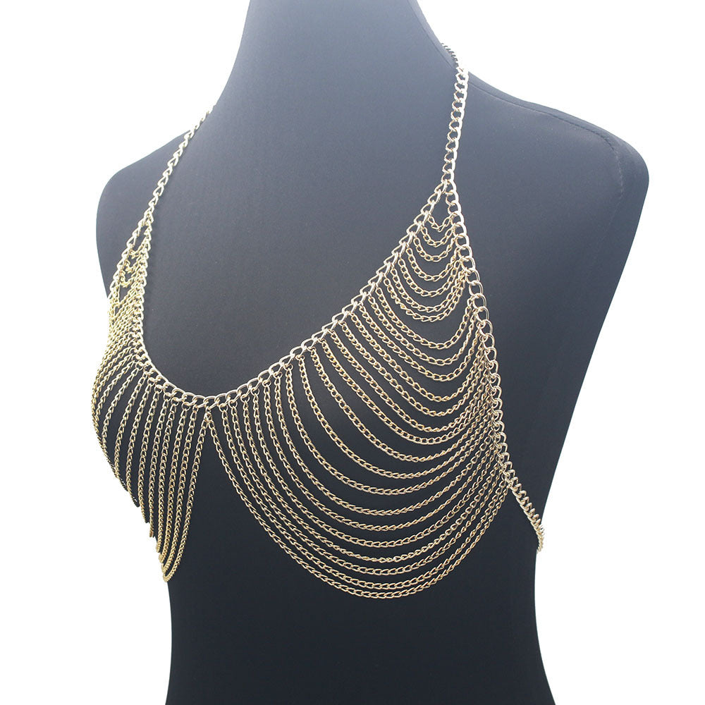 New Design Women Fashion Multilayer Metal Aluminum Chain Chest Chain Summer Bikini Clothing Accessories Chest Chain Body Chain