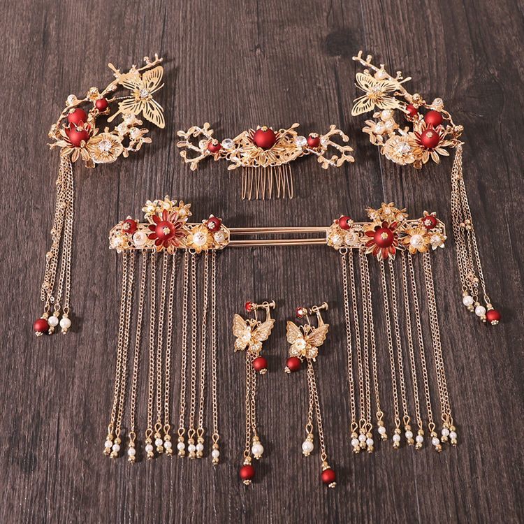 Chinese style hanfu bridal hair accessories suit tassel dragon and phoenix gown ancient style hair accessories wedding Red ancient costume Xiuhe headdress