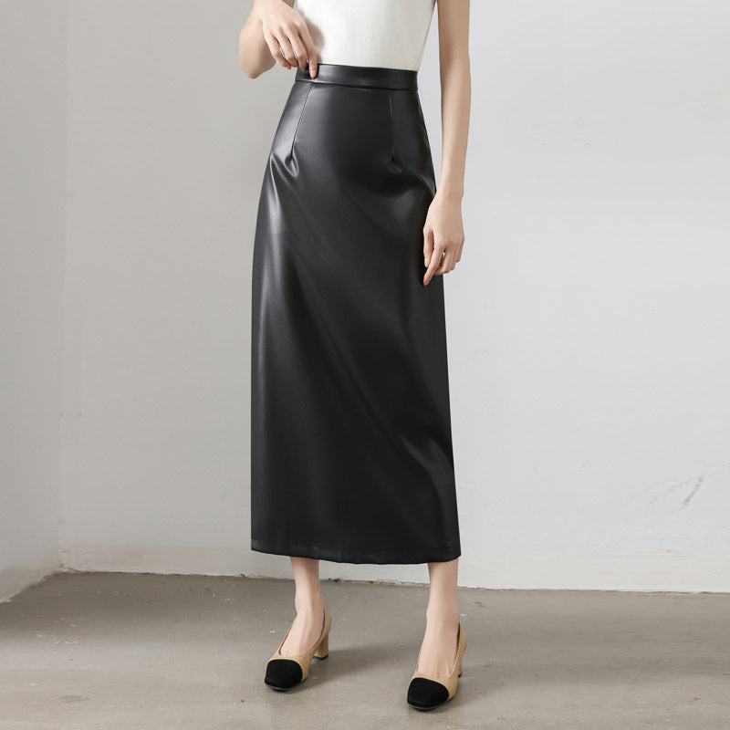 Elegant High-Waisted Leather Skirt, Women's Hip-Hugging Skirt, Spring and Autumn 2025 New Style, Slimming Straight A-Line Mid-Length Skirt