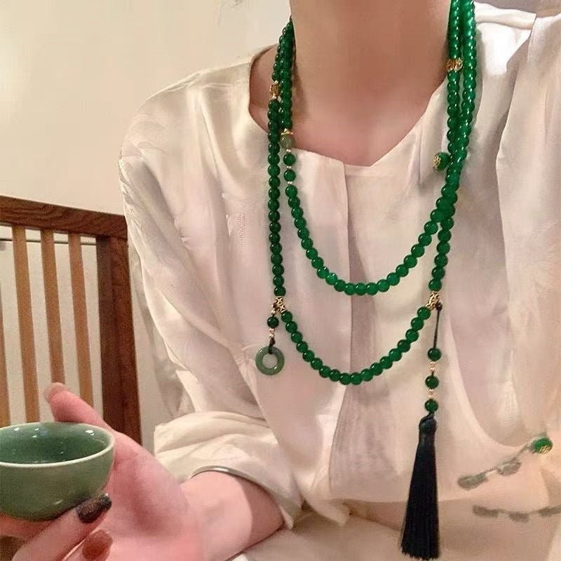 New Chinese Style Safe Buckle Tassel Beaded Crossbody Chain Guofeng Antique Long Necklace Accessories Women's Cheongsam Vintage Wreaths