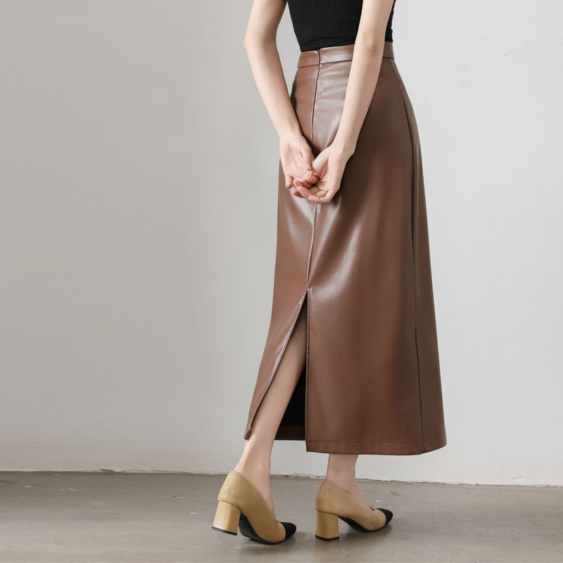 Elegant High-Waisted Leather Skirt, Women's Hip-Hugging Skirt, Spring and Autumn 2025 New Style, Slimming Straight A-Line Mid-Length Skirt