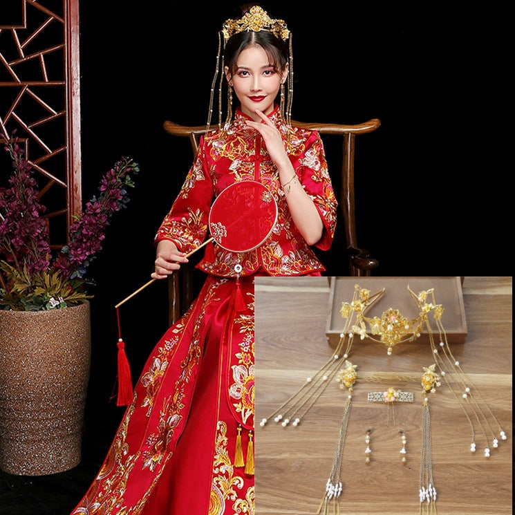 Chinese style hanfu bridal hair accessories suit tassel dragon and phoenix gown ancient style hair accessories wedding Red ancient costume Xiuhe headdress