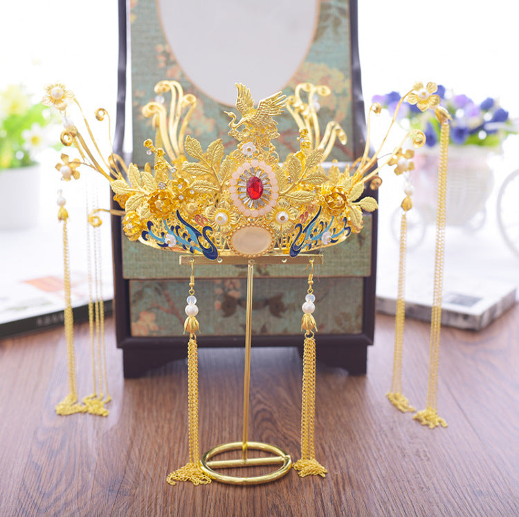 Chinese style hanfu bridal hair accessories suit tassel dragon and phoenix gown ancient style hair accessories wedding Red ancient costume Xiuhe headdress