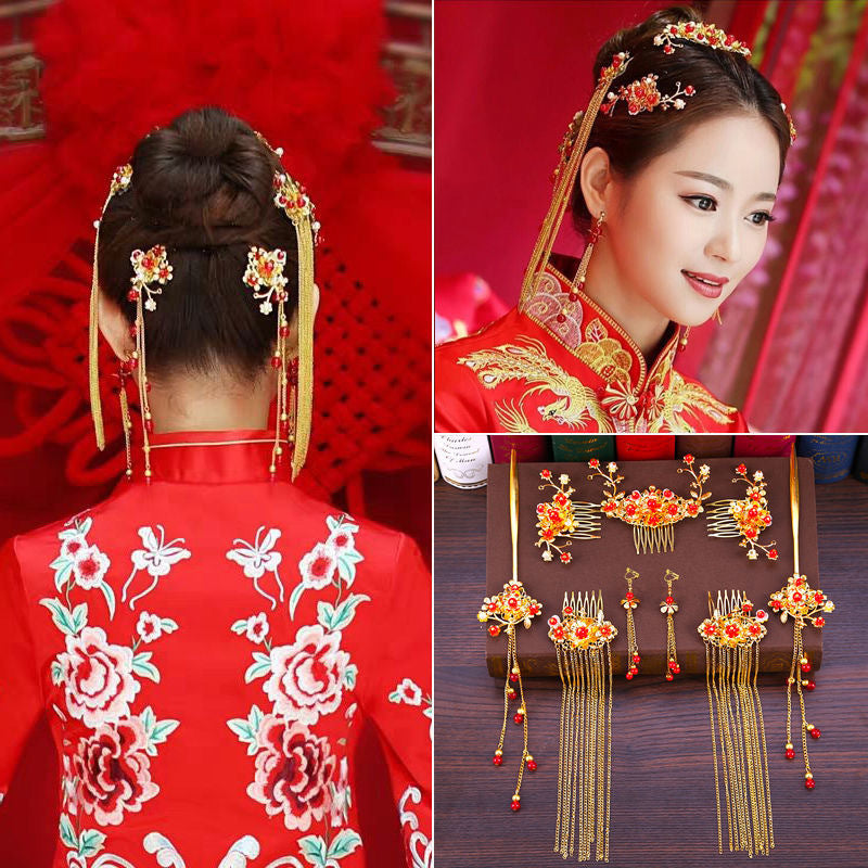 Chinese style hanfu bridal hair accessories suit tassel dragon and phoenix gown ancient style hair accessories wedding Red ancient costume Xiuhe headdress