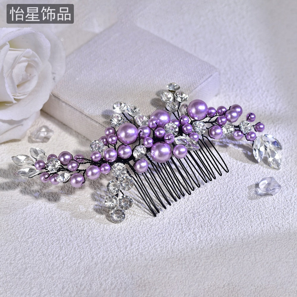 Yixing European and American Fashion Cross-border Jewelry Beaded Purple Hair Accessories Diamond Super Flash Flower Hair Accessories Hair Comb Women A271