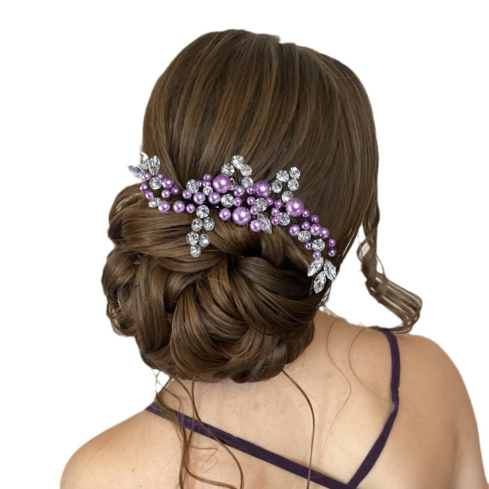 Yixing European and American Fashion Cross-border Jewelry Beaded Purple Hair Accessories Diamond Super Flash Flower Hair Accessories Hair Comb Women A271
