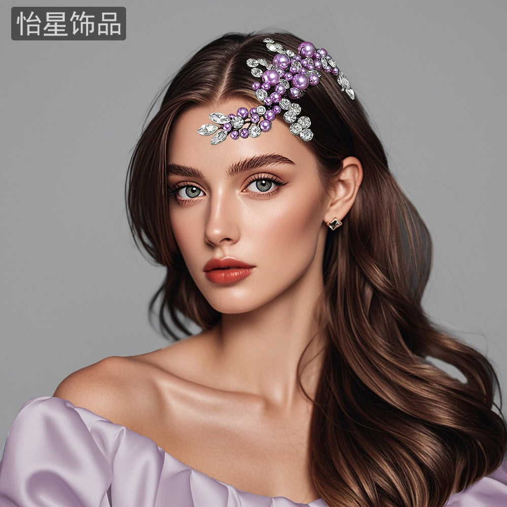 Yixing European and American Fashion Cross-border Jewelry Beaded Purple Hair Accessories Diamond Super Flash Flower Hair Accessories Hair Comb Women A271