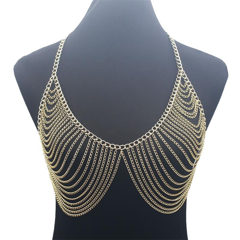 New Design Women Fashion Multilayer Metal Aluminum Chain Chest Chain Summer Bikini Clothing Accessories Chest Chain Body Chain