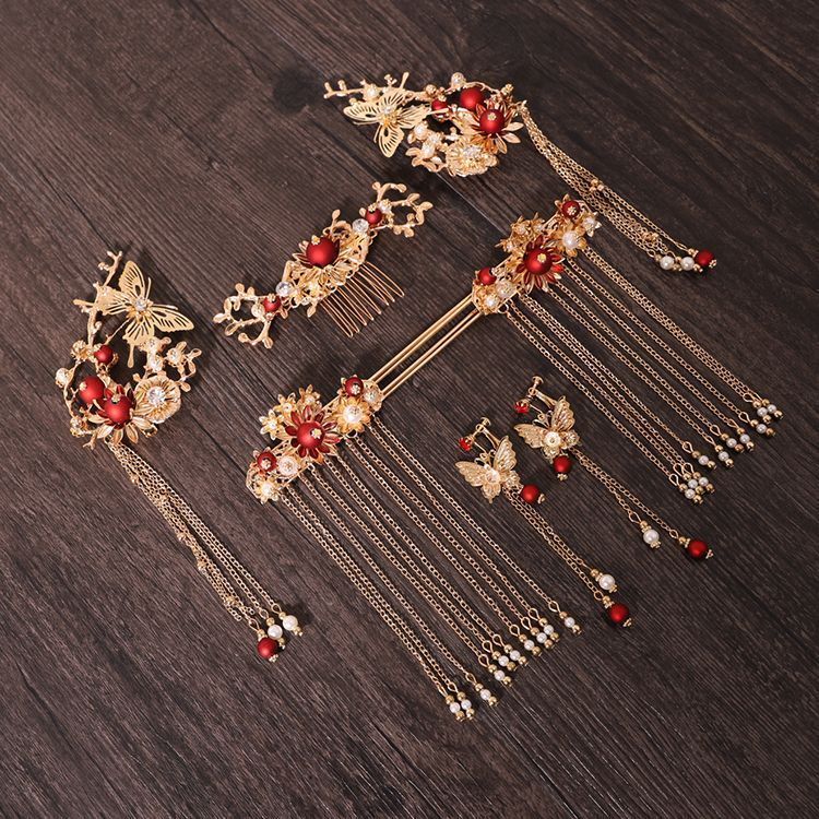 Chinese style hanfu bridal hair accessories suit tassel dragon and phoenix gown ancient style hair accessories wedding Red ancient costume Xiuhe headdress