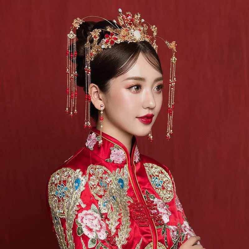 Chinese style hanfu bridal hair accessories suit tassel dragon and phoenix gown ancient style hair accessories wedding Red ancient costume Xiuhe headdress