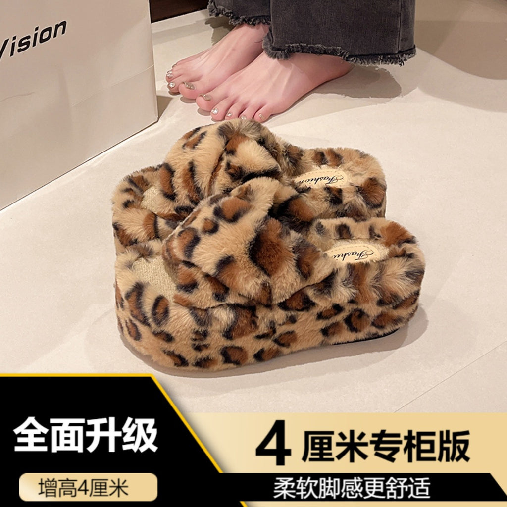 Internet Celebrity Leopard Print Furry Slippers for Women to Wear Outside 2025 New Autumn and Winter Thick-Soled Home Indoor Warm Plush Cotton Slippers