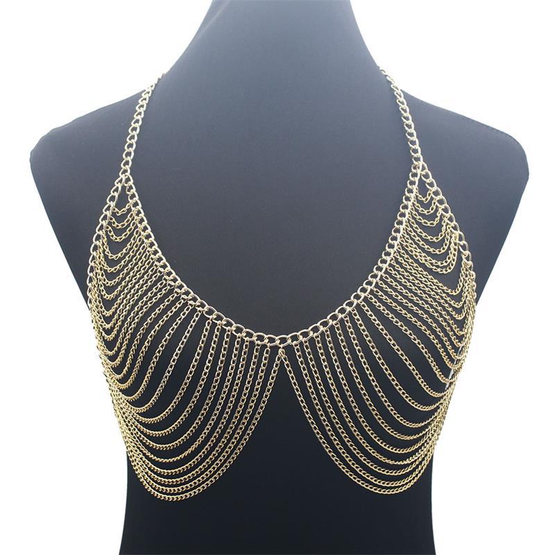 New Design Women Fashion Multilayer Metal Aluminum Chain Chest Chain Summer Bikini Clothing Accessories Chest Chain Body Chain
