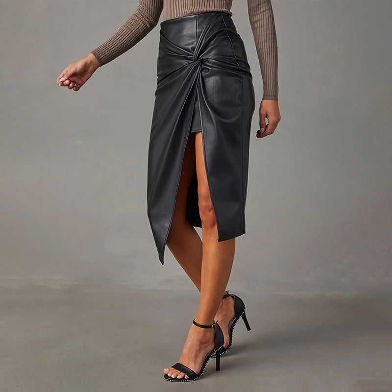 Cross-Border Export Leather Skirt European and American Amazon Women's Clothing Ins Mirror Pu Leather Sexy Pleated High Slit Hip Skirt