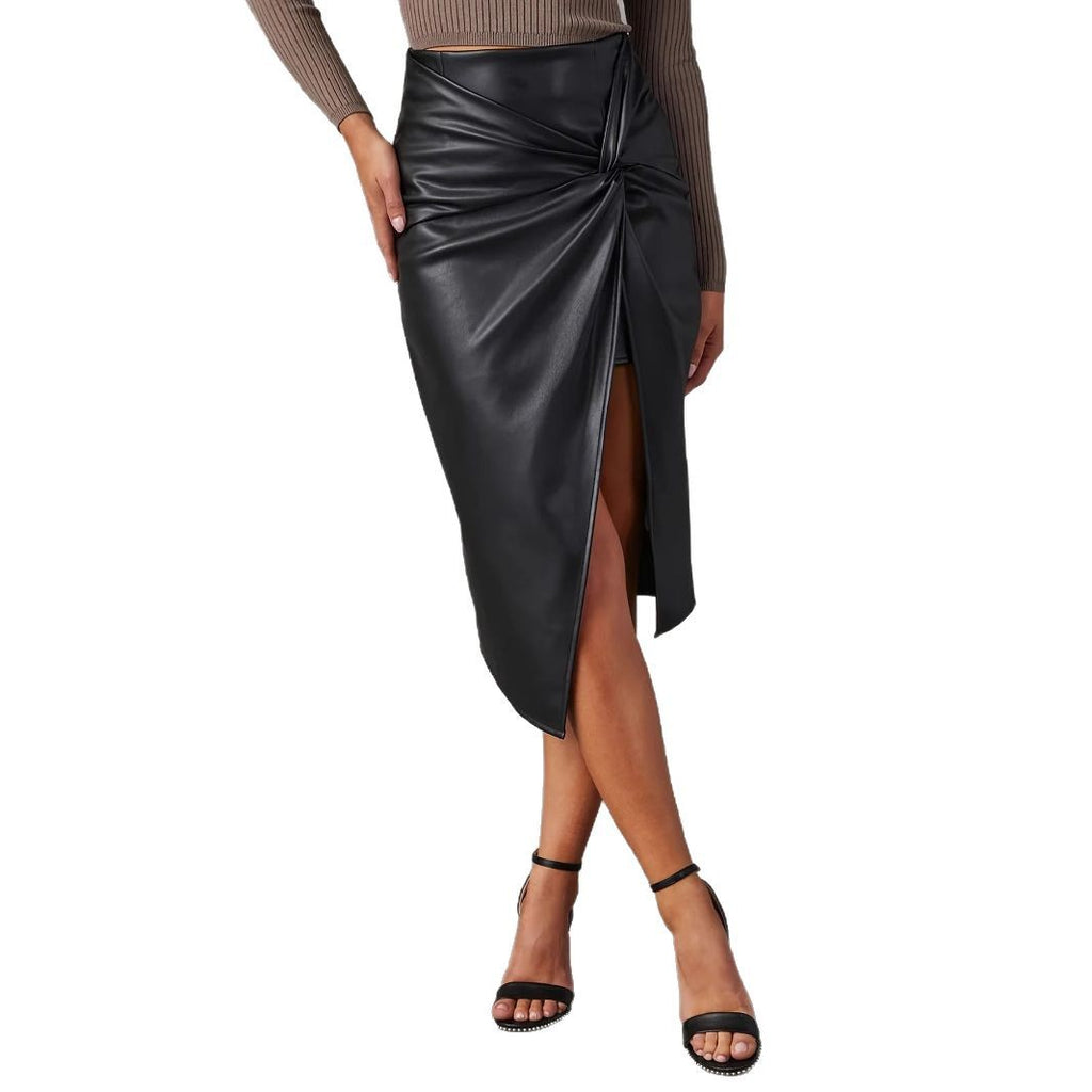 Cross-Border Export Leather Skirt European and American Amazon Women's Clothing Ins Mirror Pu Leather Sexy Pleated High Slit Hip Skirt