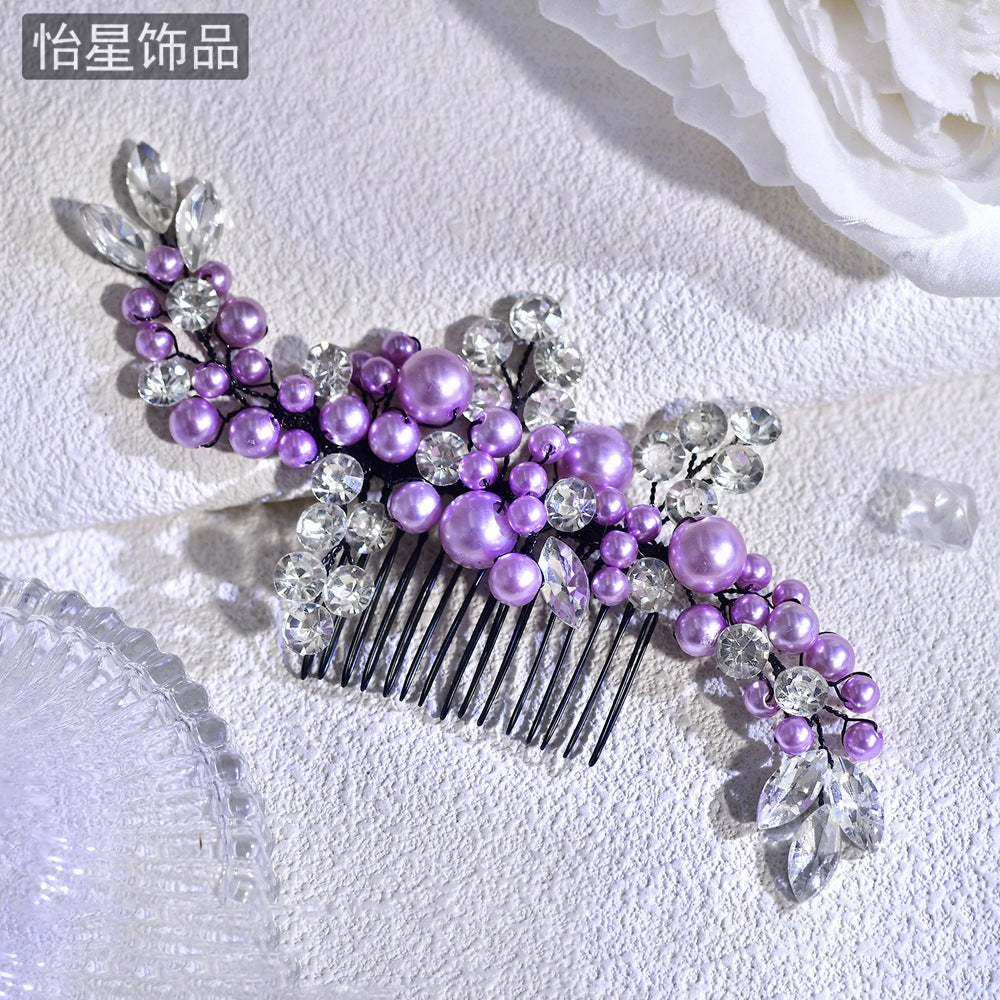 Yixing European and American Fashion Cross-border Jewelry Beaded Purple Hair Accessories Diamond Super Flash Flower Hair Accessories Hair Comb Women A271