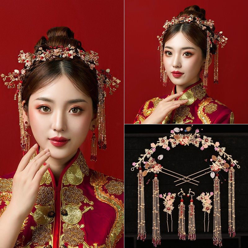 Chinese style hanfu bridal hair accessories suit tassel dragon and phoenix gown ancient style hair accessories wedding Red ancient costume Xiuhe headdress