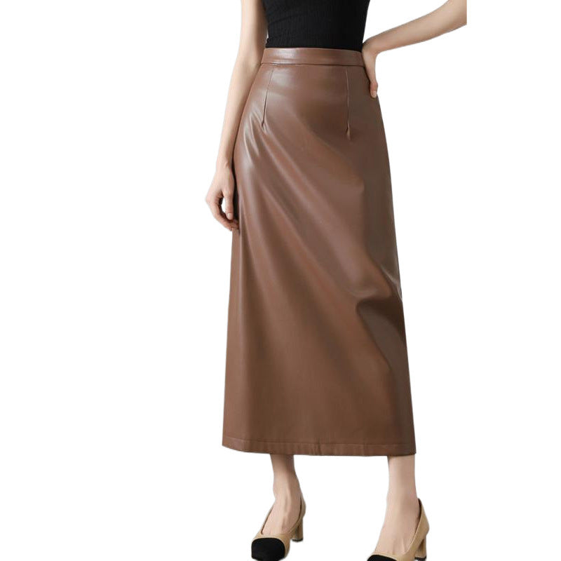 Elegant High-Waisted Leather Skirt, Women's Hip-Hugging Skirt, Spring and Autumn 2025 New Style, Slimming Straight A-Line Mid-Length Skirt