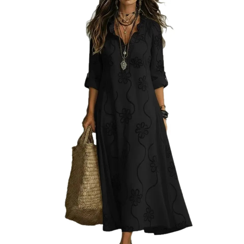 Vestidos Formais Femininos com Decote em V de Renda, Manga Longa, Estampados, Versáteis, Estilo Resort de Verão, Vestido Longo para o Dia a Dia