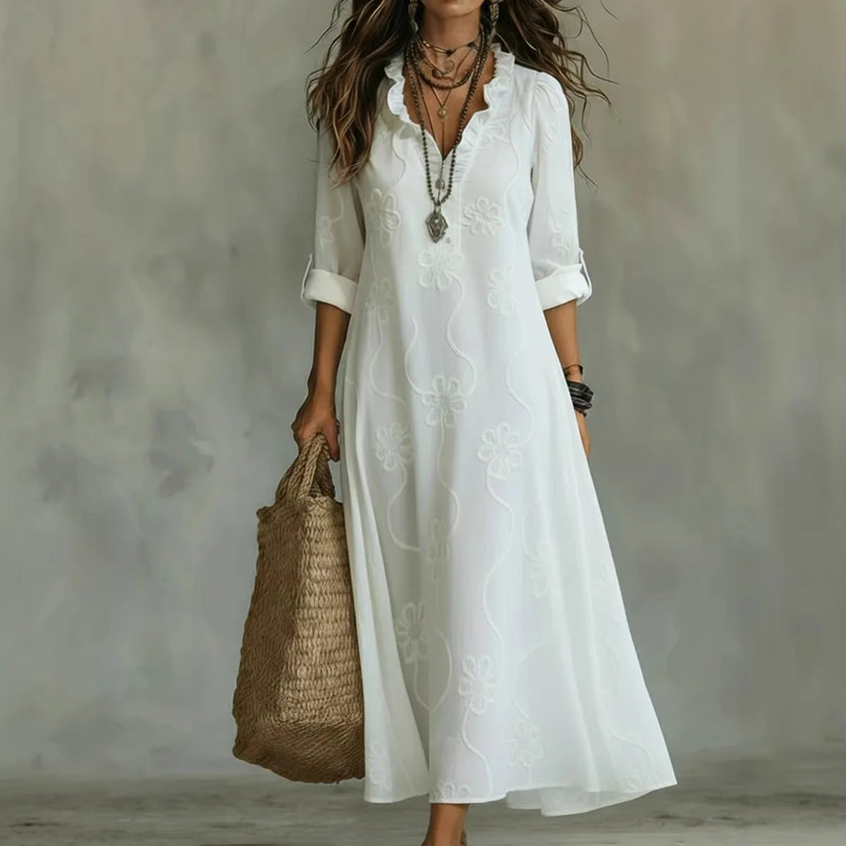 Vestidos Formais Femininos com Decote em V de Renda, Manga Longa, Estampados, Versáteis, Estilo Resort de Verão, Vestido Longo para o Dia a Dia