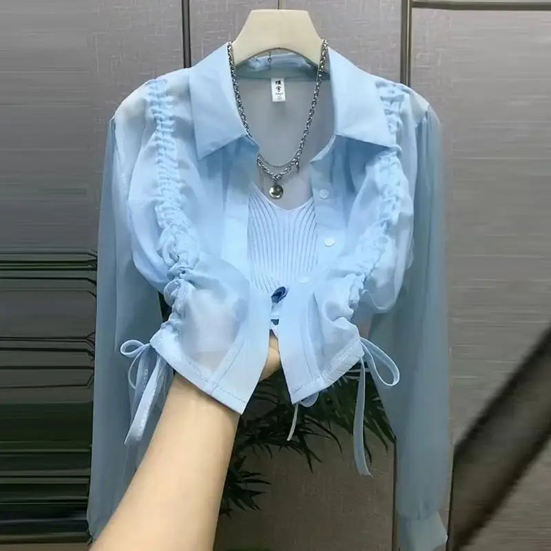 Blusa feminina com cordão protetor solar curto topos camisas de manga longa leve outerwear primavera verão jaqueta tendência botões camisas