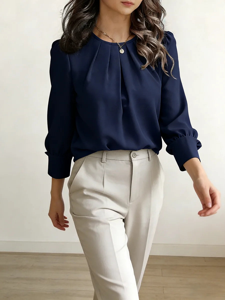 Blusa Feminina Elegante de Manga Longa com Gola Redonda, Plissada e Solta, para Primavera/Verão, Casual e Leve para Escritório