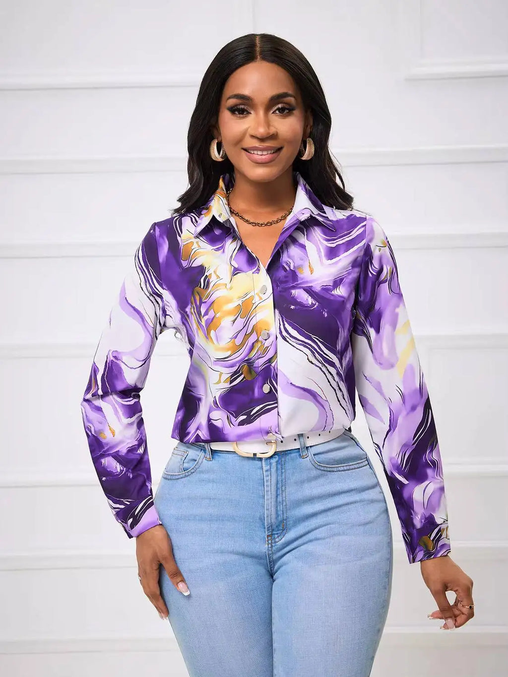 Blusa Feminina Manga Longa | Estampa Mármore Roxo e Dourado