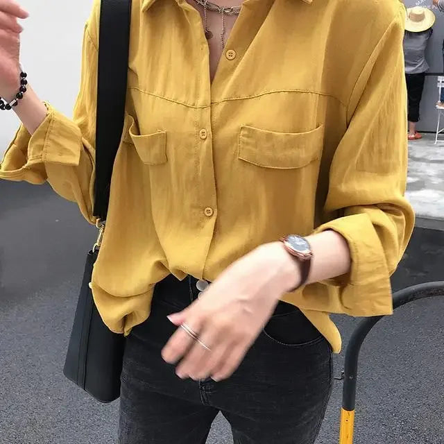Blusa feminina de manga comprida na moda coreana, camisa branca, roupas elegantes, tops estéticos de colarinho, camisa feminina