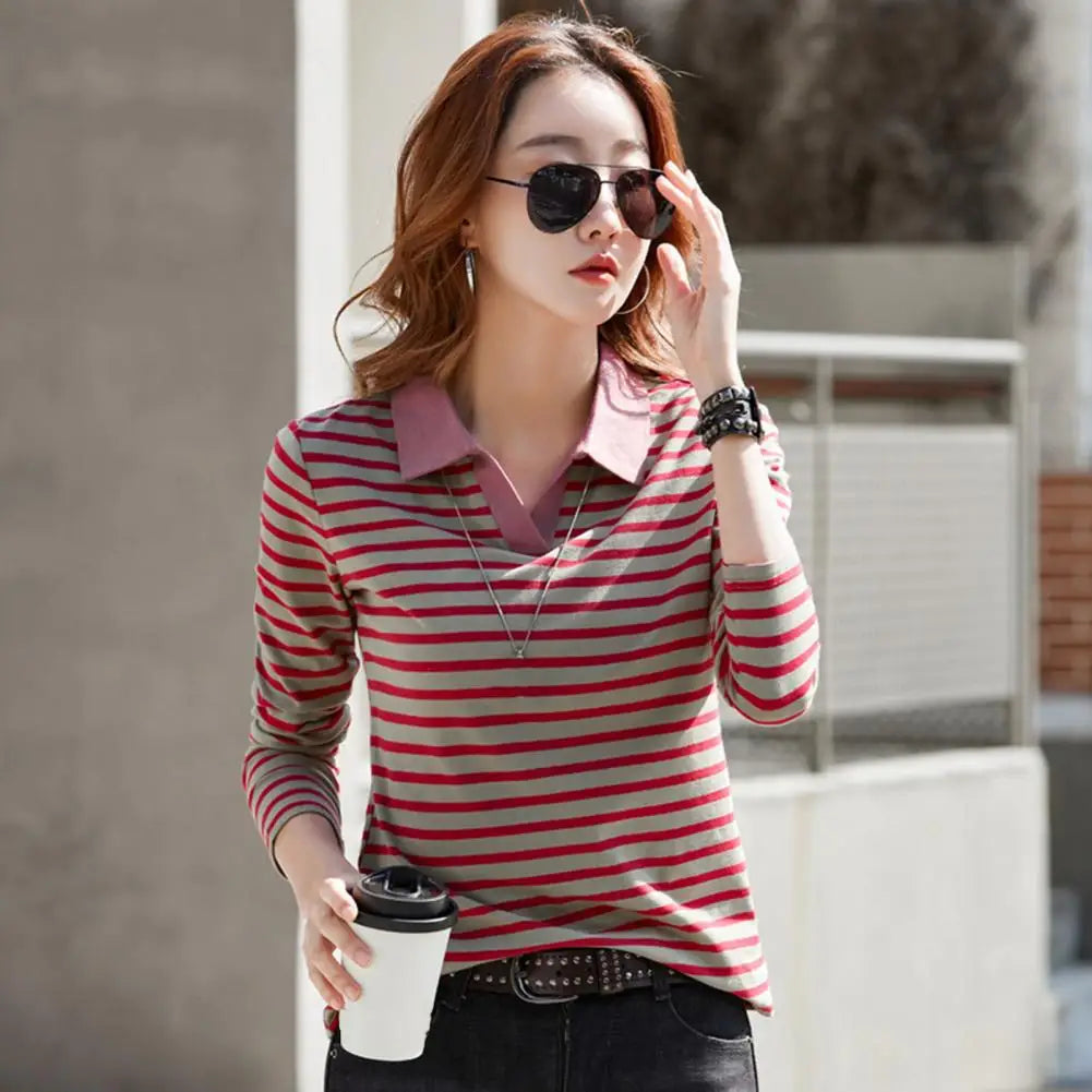 Blusa Feminina Listrada de Algodão com Gola V e Manga Longa para Trabalho, Festa, Férias e Escritório - 80% Algodão