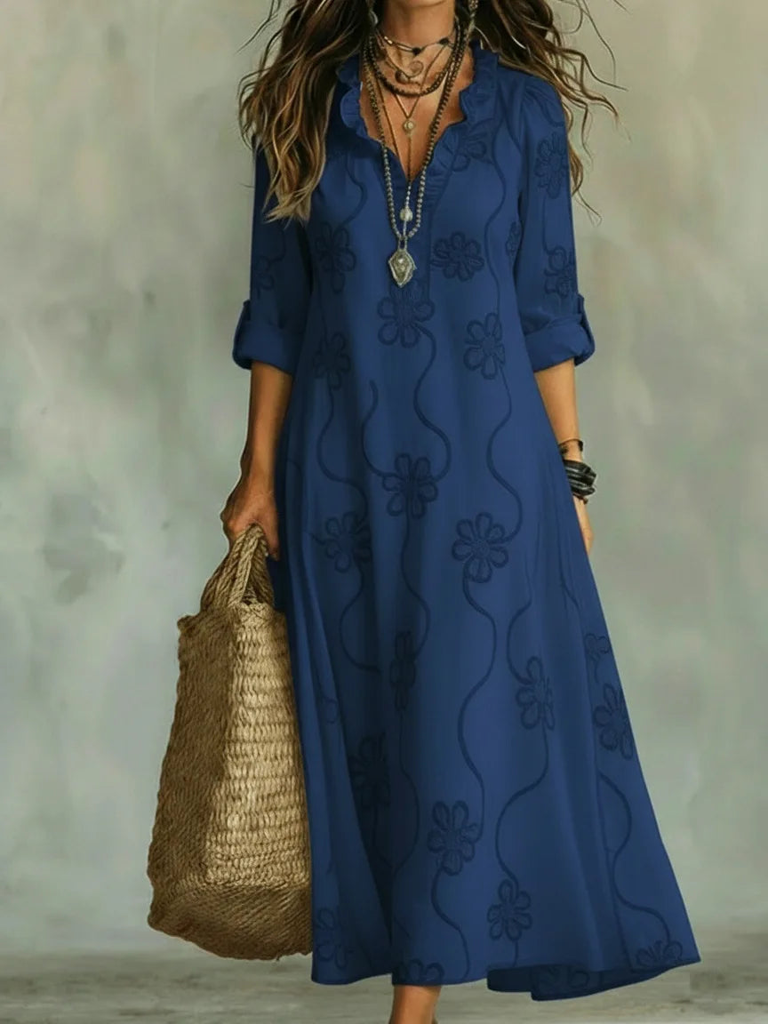 Vestidos Formais Femininos com Decote em V de Renda, Manga Longa, Estampados, Versáteis, Estilo Resort de Verão, Vestido Longo para o Dia a Dia