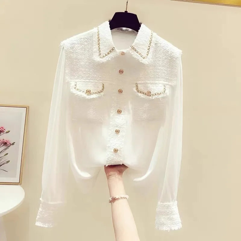 Blusa feminina 2025 primavera verão novo tweed retalhos laple camisas de manga longa elegante moda magro topos senhora do escritório