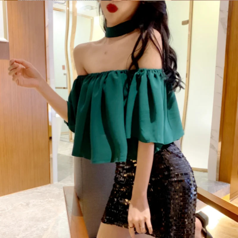 Blusas femininas slash neck fora do ombro sexy colheita elegante solto ulzzang design férias retro chique ins feminino Блузки verão