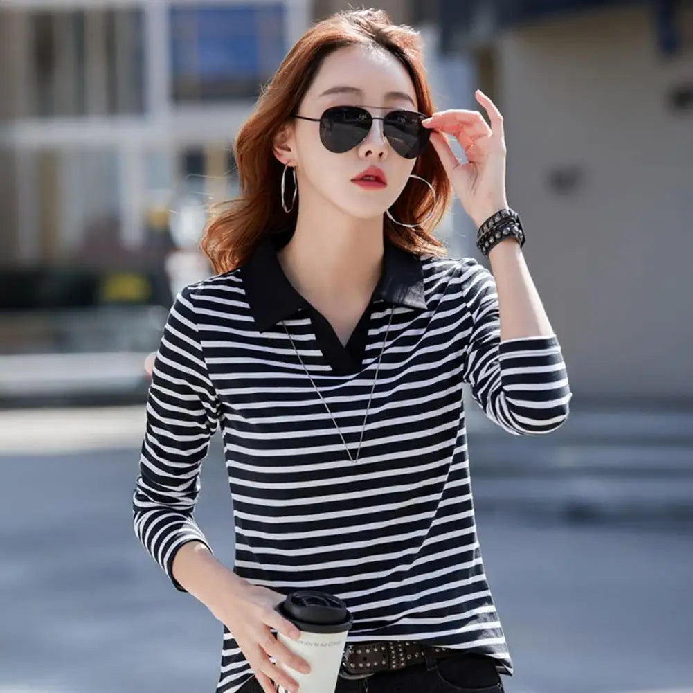 Blusa Feminina Listrada de Algodão com Gola V e Manga Longa para Trabalho, Festa, Férias e Escritório - 80% Algodão