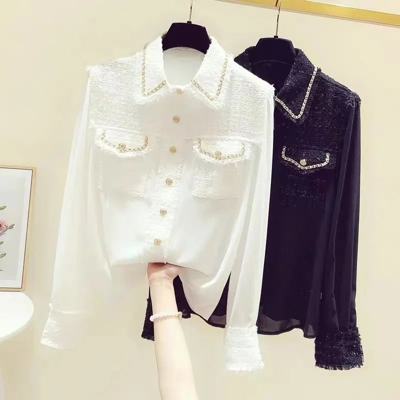 Blusa feminina 2025 primavera verão novo tweed retalhos laple camisas de manga longa elegante moda magro topos senhora do escritório