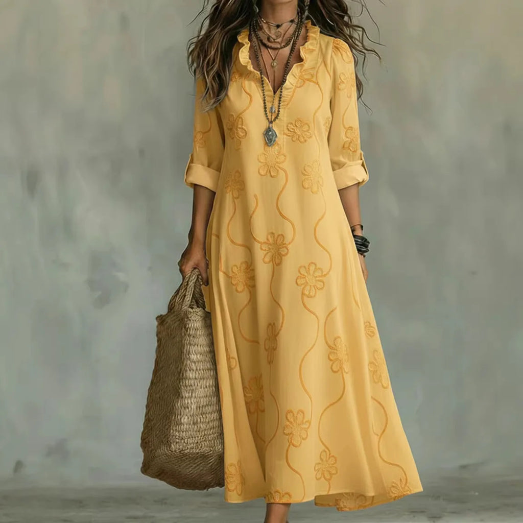 Vestidos Formais Femininos com Decote em V de Renda, Manga Longa, Estampados, Versáteis, Estilo Resort de Verão, Vestido Longo para o Dia a Dia