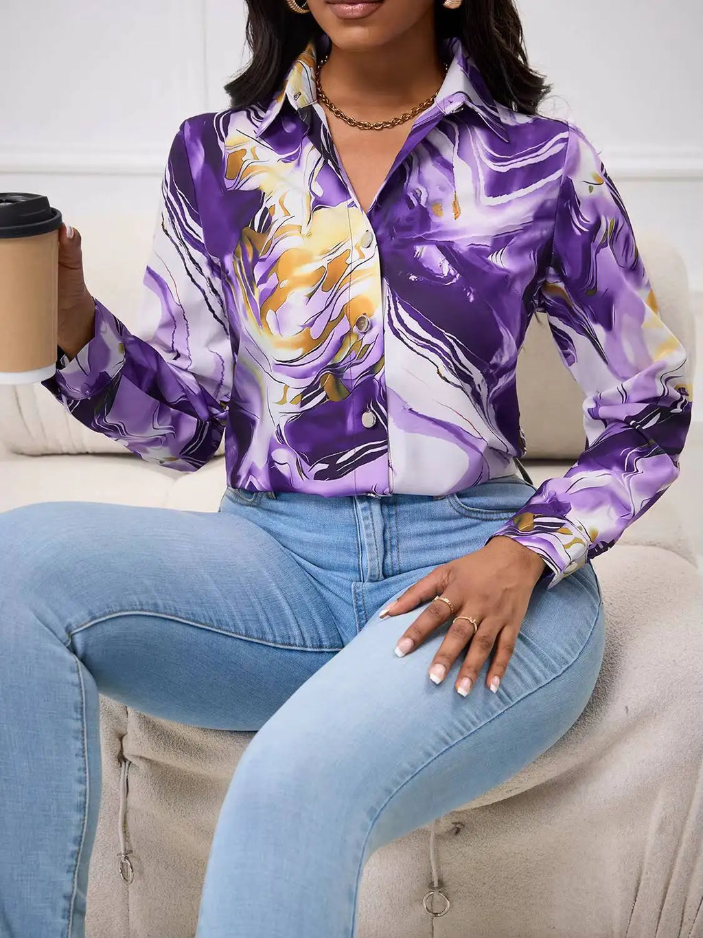 Blusa Feminina Manga Longa | Estampa Mármore Roxo e Dourado