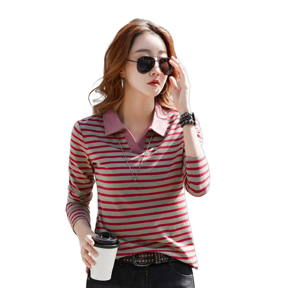Blusa Feminina Listrada de Algodão com Gola V e Manga Longa para Trabalho, Festa, Férias e Escritório - 80% Algodão
