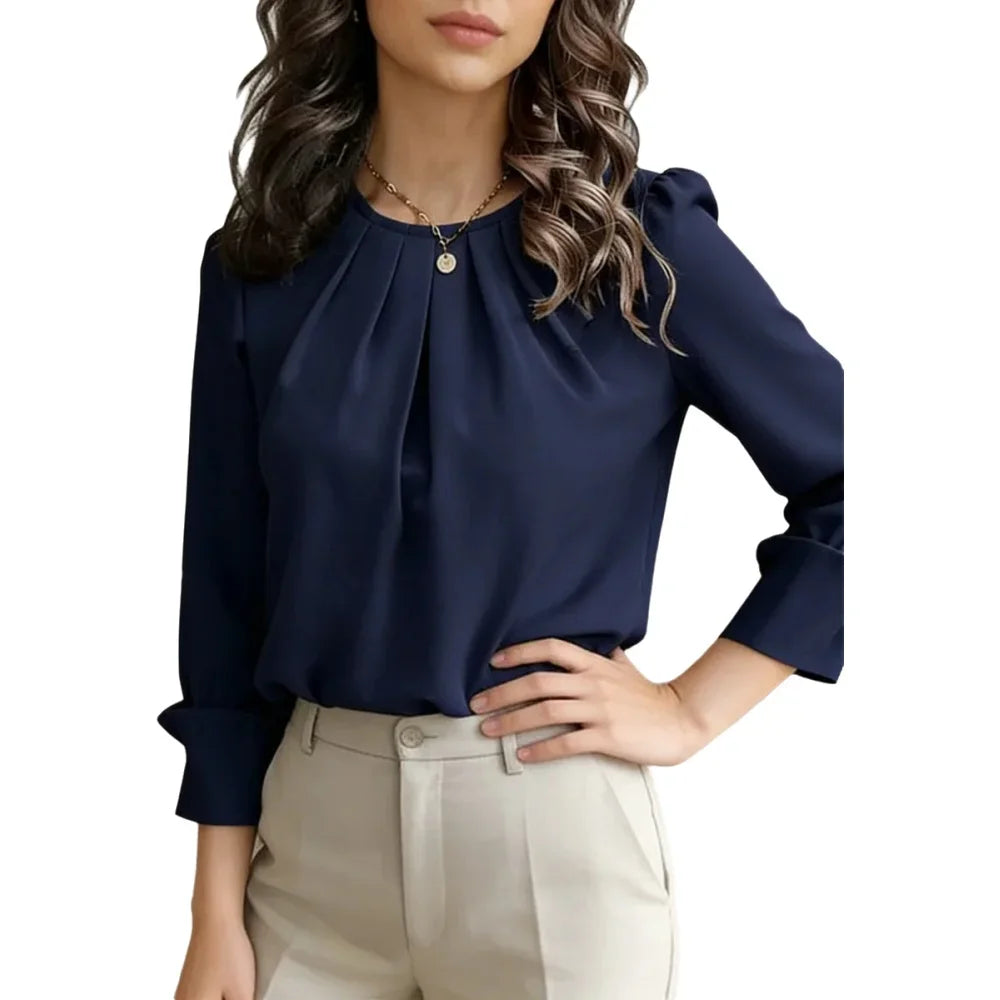 Blusa Feminina Elegante de Manga Longa com Gola Redonda, Plissada e Solta, para Primavera/Verão, Casual e Leve para Escritório